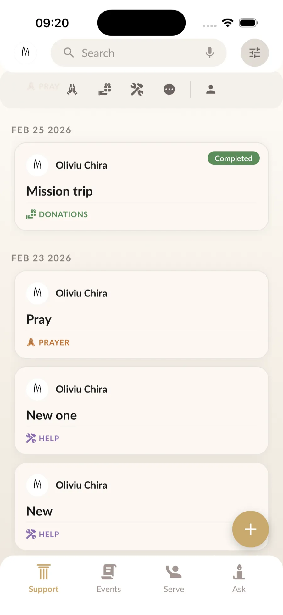 Home feed with prayer requests and community posts