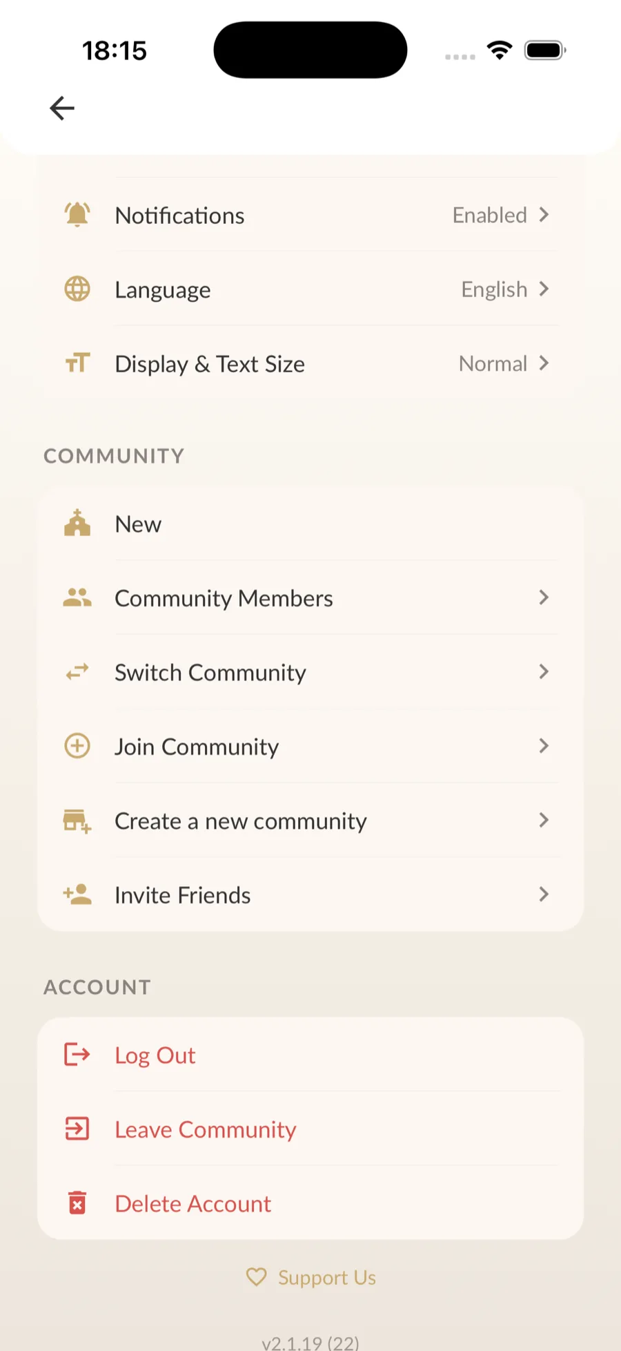 Settings screen with notifications, language, community, and account options